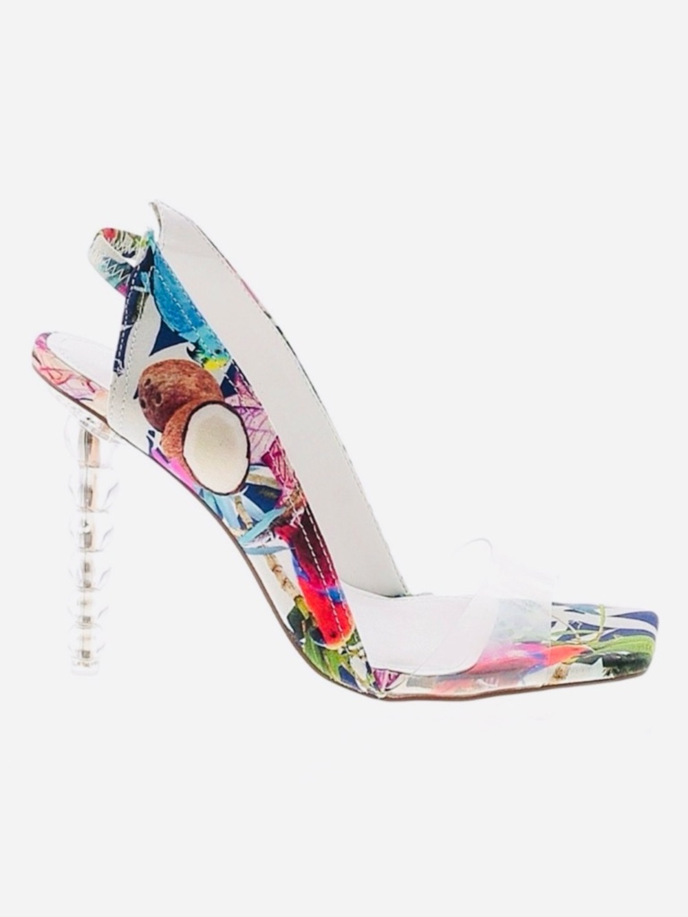 PRIVILEGED ~ Multi-colored w/tropical print and unique, clear sculptural 5” heel - Picture 3 of 9